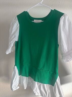 Anthropologie Green Knit Overlay Top with White Puff Sleeves